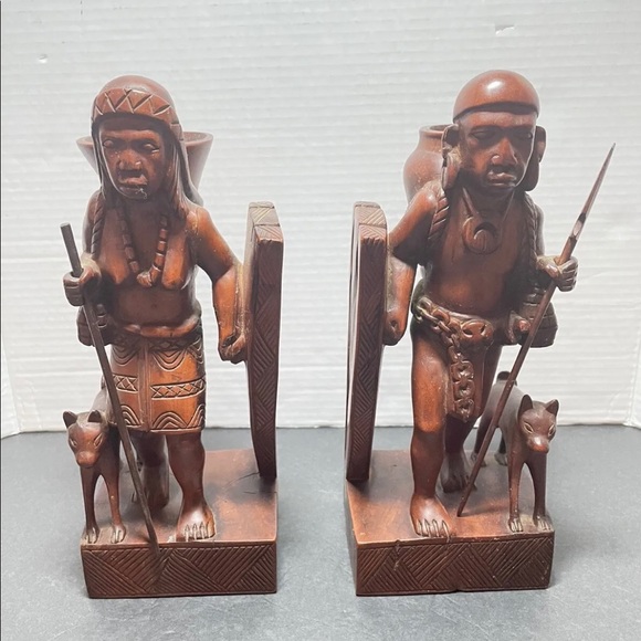 Vintage Hand Carved Wood NATIVE AMERICAN Male Female Sculpture Bookends Antique
